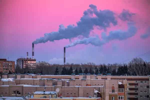 Purple Winter Sky Smoking Plant Pipes Industrial City — Stock Photo, Image