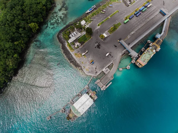 Zdjęcie Lotnicze Miasta Padang Bai Portem Morskim Bali Indonezja — Zdjęcie stockowe