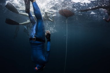 Okyanus yüzeyindeki serbest dalgıçlar derinliğe inmeye hazırlanıyor.