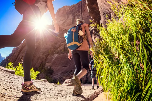 Hikers Moving Forward Stone Path Bryce Canyon Usa — Stock Photo, Image