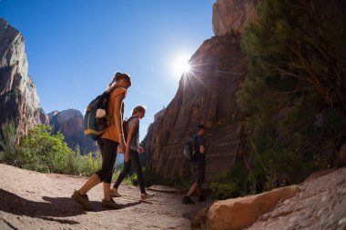 Bryce Canyon Ulusal Parkı 'ndaki taş yolda ilerleyen yürüyüşçüler.