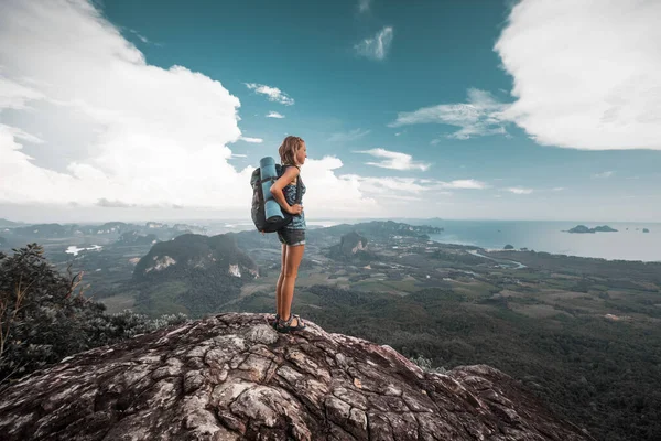 Caminhante Está Topo Uma Montanha Goza Vista Vale — Fotografia de Stock