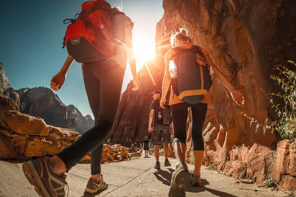 Escursionisti Con Zaini Piedi Sul Sentiero Nel Canyon Del Zion — Foto Stock