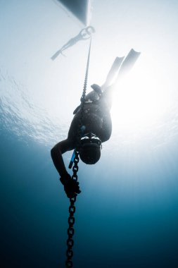 Freediver metal zincir boyunca derinliğe iniyor