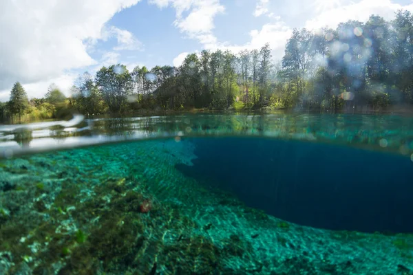 Split Underwater View Karst Lake Named Goluboye Ozero Blue Lake — Stock Photo, Image