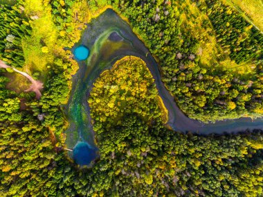 Ormanla çevrili karst göllerinin havadan görünüşü. Lakea, Rusya 'nın Kazan kenti yakınlarında yer almaktadır.