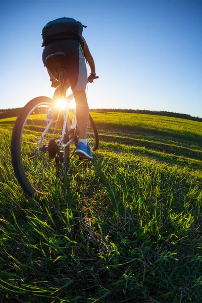 Ung Man Cykla Landsväg Genom Grön Våräng Solnedgången — Stockfoto