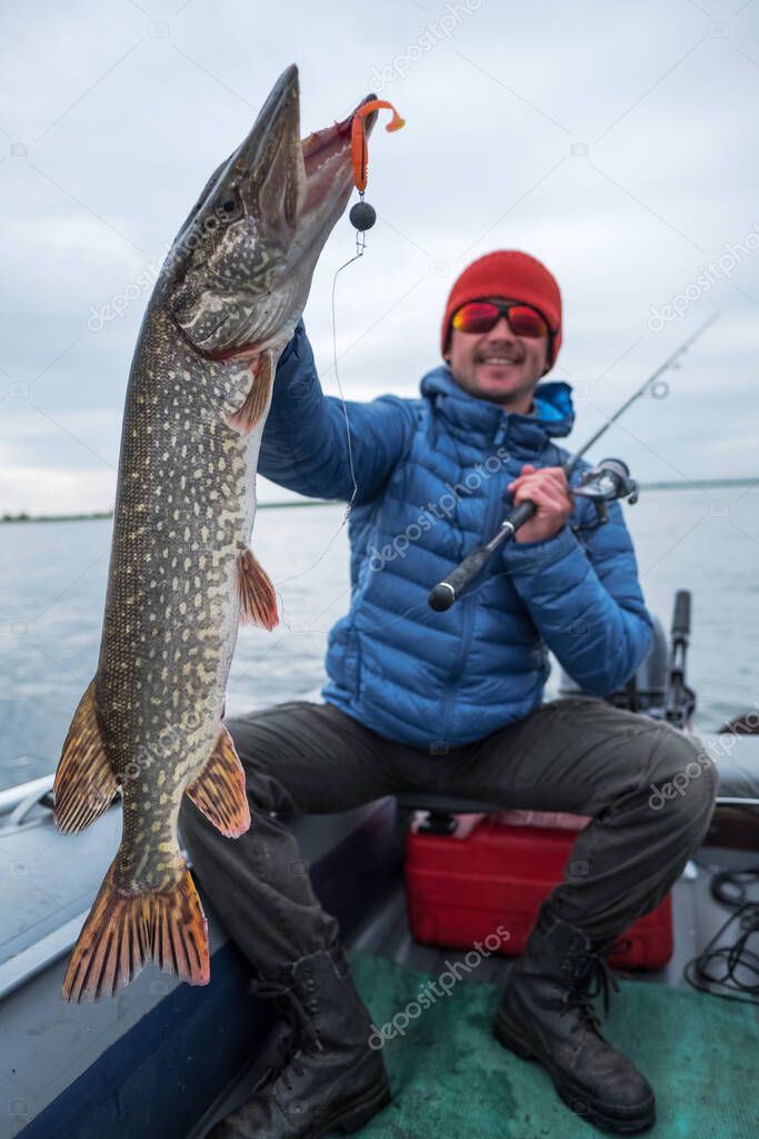 Happy angler holds northern pike (Esox lucius), fish is around 2.3 kg (5lb). Fisherman sits in a boat with river on the background