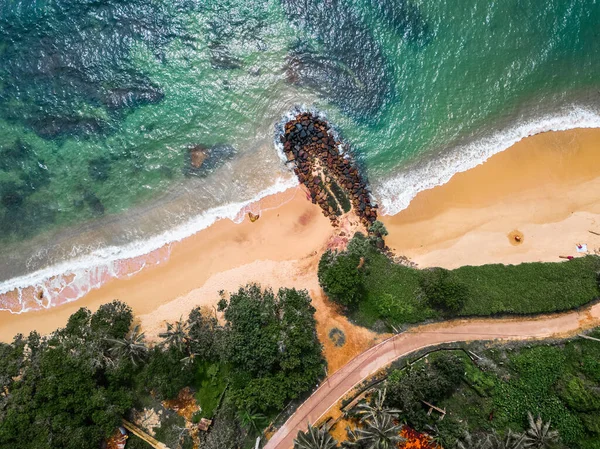 Légi Kilátás Trópusi Strand Pálmafákkal Parton Korallzátony Tengerben Srí Lanka — Stock Fotó