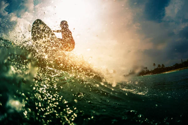Surfer Rides Ocean Wave Lots Splashes — Stock Photo, Image