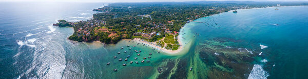 Aerial panorama of the south coast of Sri Lanka, area near the town of Weligama