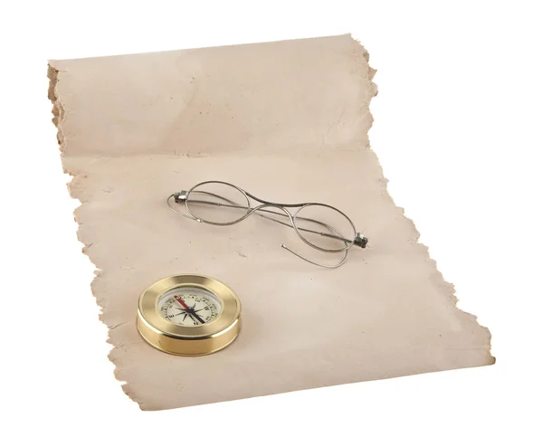 Starý papír, kompas a staré brýle — Stock fotografie