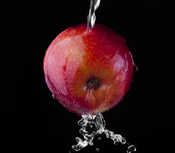 Красное яблоко в каплях воды — стоковое фото