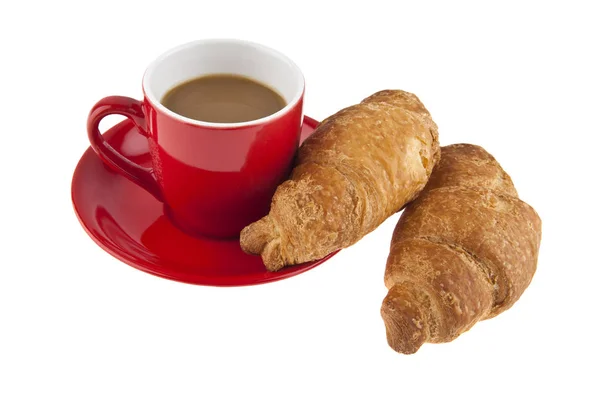 红色的咖啡杯和牛角面包 — 图库照片