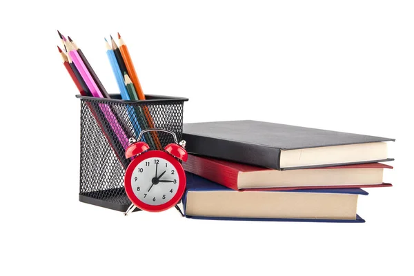 Livros, relógios e lápis — Fotografia de Stock