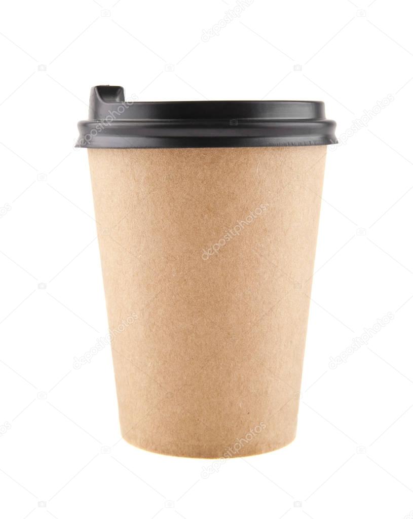 Paper cup with coffee isolated on white background close-up