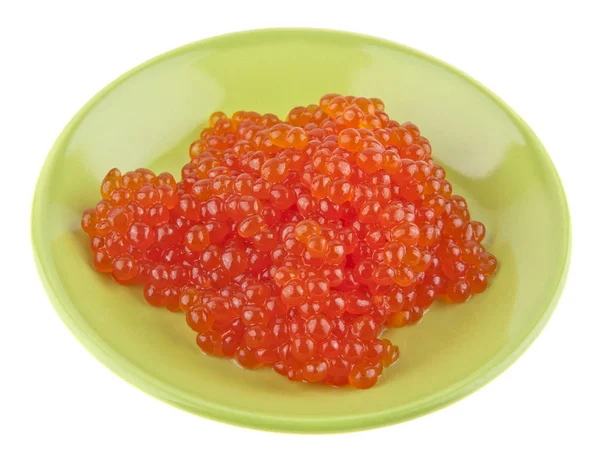 Röd kaviar i en grön platta isolerade på en vit bakgrund — Stockfoto