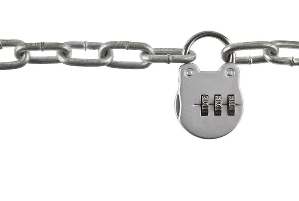 Metal chain and lock isolated on white background closeup — Stock Photo, Image