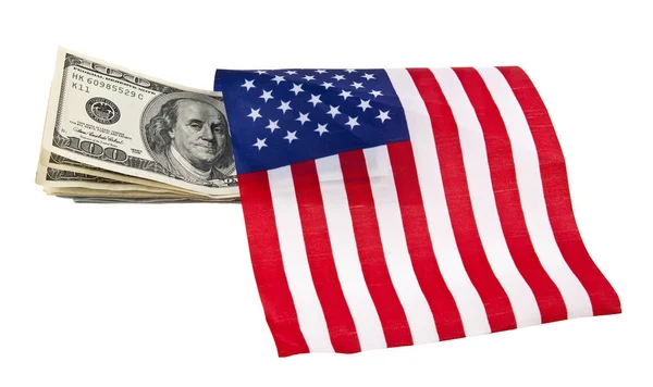 Доллары и флаг США изолированы на белом фоне — стоковое фото
