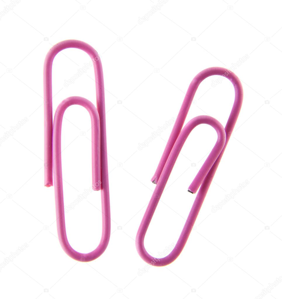 pink paper clip isolated on white background