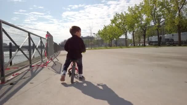 Peuter jongen rijden zijn evenwicht fiets — Stockvideo