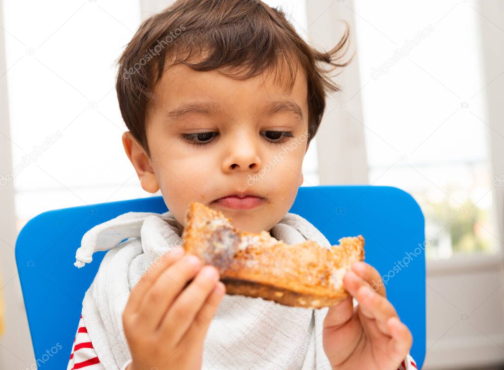 Toddler eating a toast