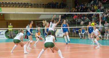 Odessa, Güney, Ukrayna - 15 Ekim 2019. Avrupa Kadınlar Voleybol Şampiyonası. Voleybol sahası, maç beklentisiyle hazırlandı. Cev Şampiyonlar Ligi Volesi 2020