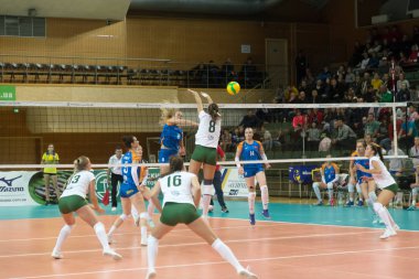 Odessa, Güney, Ukrayna - 15 Ekim 2019. Avrupa Kadınlar Voleybol Şampiyonası. Voleybol sahası, maç beklentisiyle hazırlandı. Cev Şampiyonlar Ligi Volesi 2020