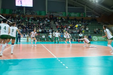 Odessa, Güney, Ukrayna - 15 Ekim 2019. Avrupa Kadınlar Voleybol Şampiyonası. Voleybol sahası, maç beklentisiyle hazırlandı. Cev Şampiyonlar Ligi Volesi 2020