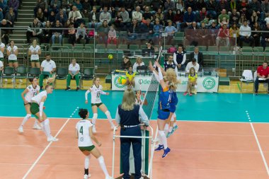 Odessa, Güney, Ukrayna - 15 Ekim 2019. Avrupa Kadınlar Voleybol Şampiyonası. Voleybol sahası, maç beklentisiyle hazırlandı. Cev Şampiyonlar Ligi Volesi 2020