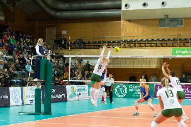 Odessa, Güney, Ukrayna - 15 Ekim 2019. Avrupa Kadınlar Voleybol Şampiyonası. Voleybol sahası, maç beklentisiyle hazırlandı. Cev Şampiyonlar Ligi Volesi 2020