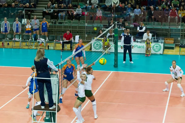 Odessa, Güney, Ukrayna - 15 Ekim 2019. Avrupa Kadınlar Voleybol Şampiyonası. Voleybol sahası, maç beklentisiyle hazırlandı. Cev Şampiyonlar Ligi Volesi 2020