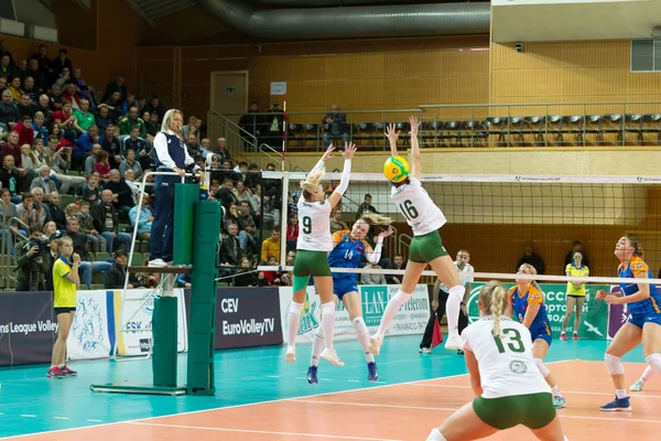 Odessa, Güney, Ukrayna - 15 Ekim 2019. Avrupa Kadınlar Voleybol Şampiyonası. Voleybol sahası, maç beklentisiyle hazırlandı. Cev Şampiyonlar Ligi Volesi 2020