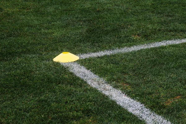 Szyszki Boisko Piłki Nożnej Coath Ułożone Kolorowe Markery Trainning Grassfield — Zdjęcie stockowe