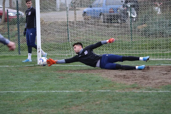 Odessa Ukraine Circa 2019 Goleiro Time Futebol Local Faz Uma — Fotografia de Stock