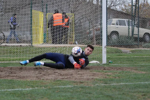 Odessa Ukraine Circa 2019 Goleiro Time Futebol Local Faz Uma — Fotografia de Stock