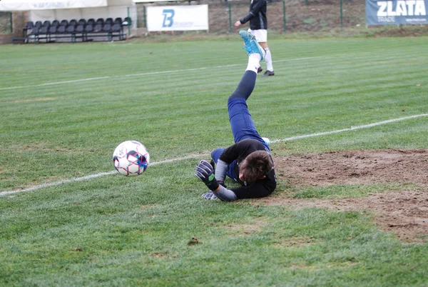 Odessa Ukraine Circa 2019 Goalkeeper Local Football Team Makes While — Stock Photo, Image