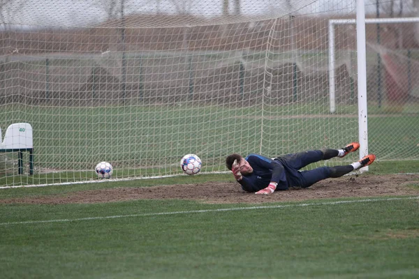 Odessa Ukraine Circa 2019 Goleiro Time Futebol Local Faz Uma — Fotografia de Stock