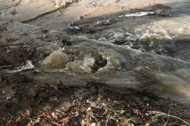 Acil Kanalizasyon. Yırtık bir yeraltı kanalizasyon borusundan su akıyor. Şehrin su şebekesinin kazası. Yerdeki bir çatlaktan yola akan bir çeşme.
