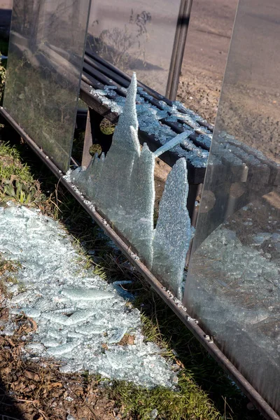 Broken Glass Bus Stop Highway Vandals Smashed Window Small Fragments — Stock Photo, Image