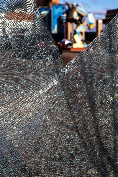 Broken Glass Bus Stop Highway Vandals Smashed Window Small Fragments — Stock Photo, Image