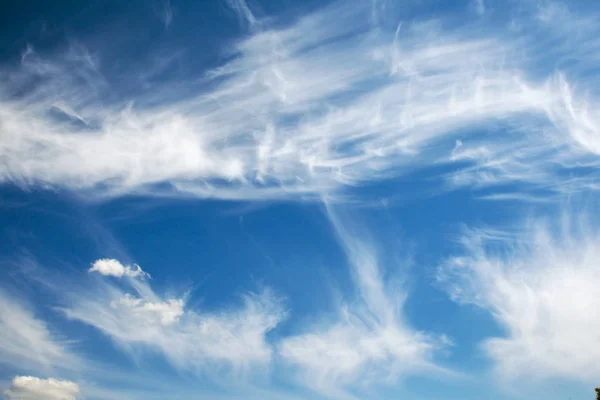 Background sky on a bright sunny day. Beautiful cumulus and cirr — Stock Photo, Image
