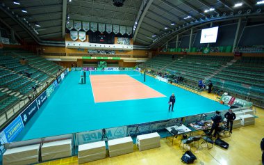 ODESSA, Yuzhny, UKRAINE - Febr 4, 2020. Women's European Volleyball Championship. Empty clean european volleyball court awaiting game
