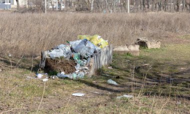 Orman çöpte. Yasadışı çöp orman atılmış insanlar. İnsan ve doğa kavramı. Doğada yasadışı çöplüğü. Kirli çevre yolu ormandaki hiking yakınındaki çöp kirletici. Çöp kutusu