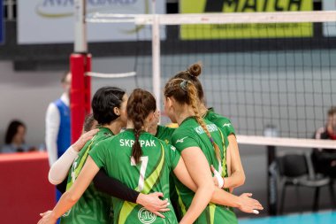 KAMENSKY, Ukrayna-14 Şubat 2020. Ukrayna Voleybol Kupası Ukrayna. Ukrayna şampiyonu VC KHIMIK Yuzhny (yeşil). Kadınlar Voleybol Şampiyonları Maçı 'nı kazanmak. Yoğun kadın sporları oyunu