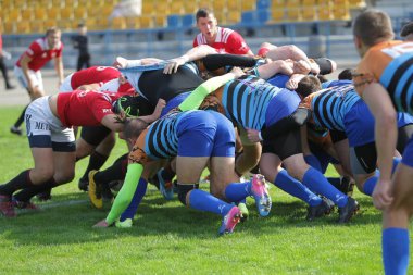 ODESSA, UKRAINE - SEPT 20, 2017: CREDO-Odessa Rugby Şampiyonası Milli Takımı - Politeknik-Kiev. Rugby oyuncularının top için yoğun mücadelesi. Stadyumun yeşil sahasında dinamik oyun