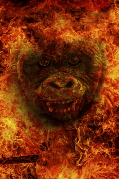 Absztrakt Kép Egy Hatalmas Majomról Tűz Lángjában Halál Angyalának Szimbóluma — Stock Fotó