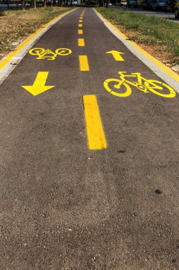 Şehir parkındaki bisiklet yolu sdvustoronnim bisikletçilerinde bisiklet tabelası. Sağlıklı bir yaşam tarzı. Donanımlı raylar bisiklet doğa yürüyüşlerini sever.