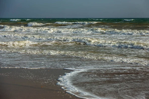 Sea Wave Runs Sand Beach Foam Shore Seascape Sunset Colors — Stock Photo, Image