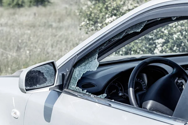 Criminal Incident Hacking Car Broken Driver Side Window Car Thieves — Stock Photo, Image